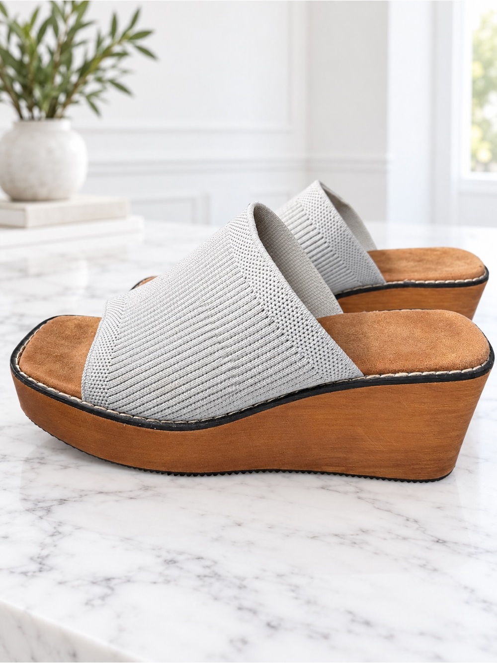 Made in Spain Grey Knit Platform Wedge Slide Sandals